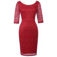 Kate Kasin Femmes 3/4 Sleeve Crew Neck Hips-Wrapped Red Lace Bodycon Crayon Crayon KK000506-2